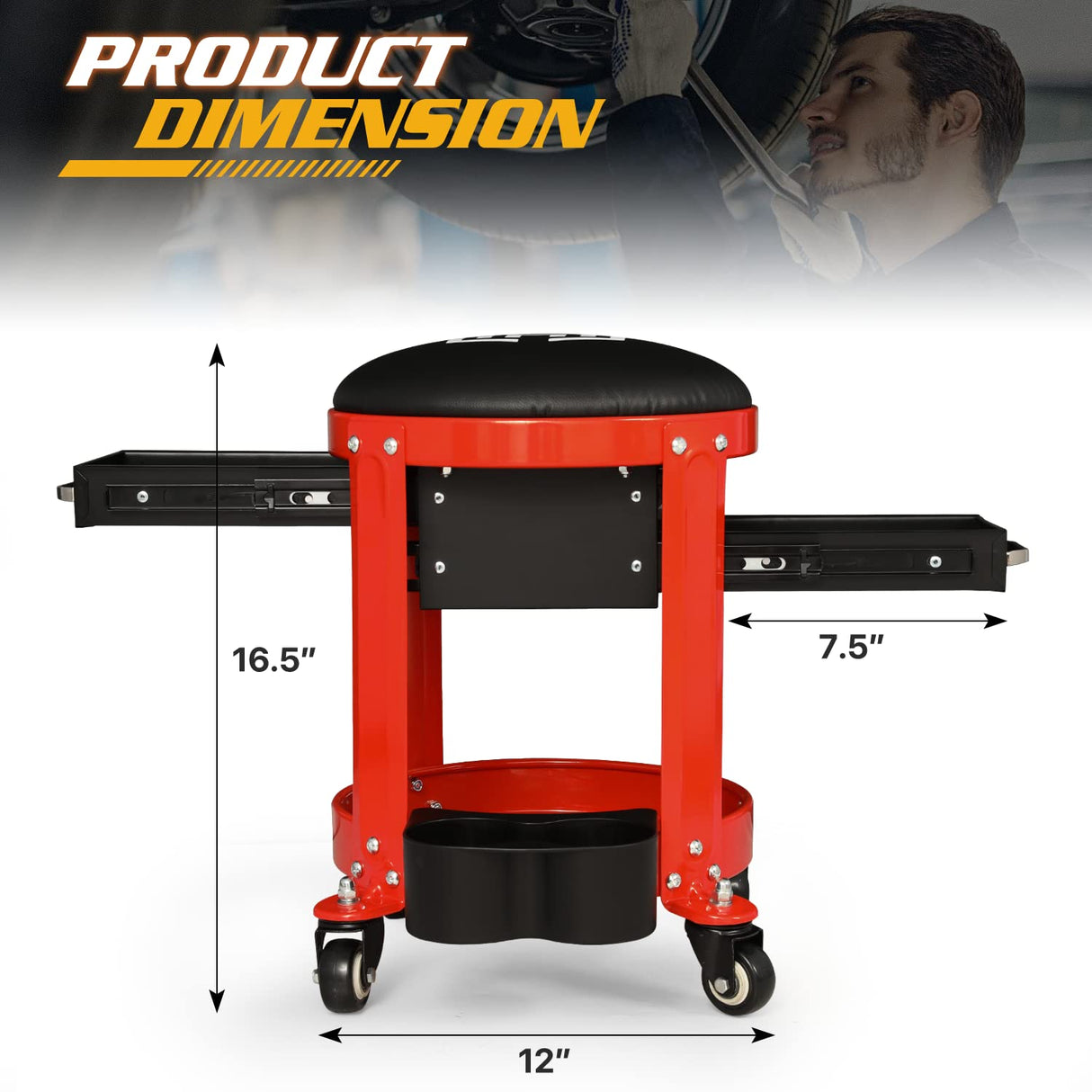 Magshion Round Mechanics Roller Seat with Build-in Drawer/Tool Storage and Can Holder, Padded Garage Stool with Wheels 300 lbs Capacity Rolling Magshion