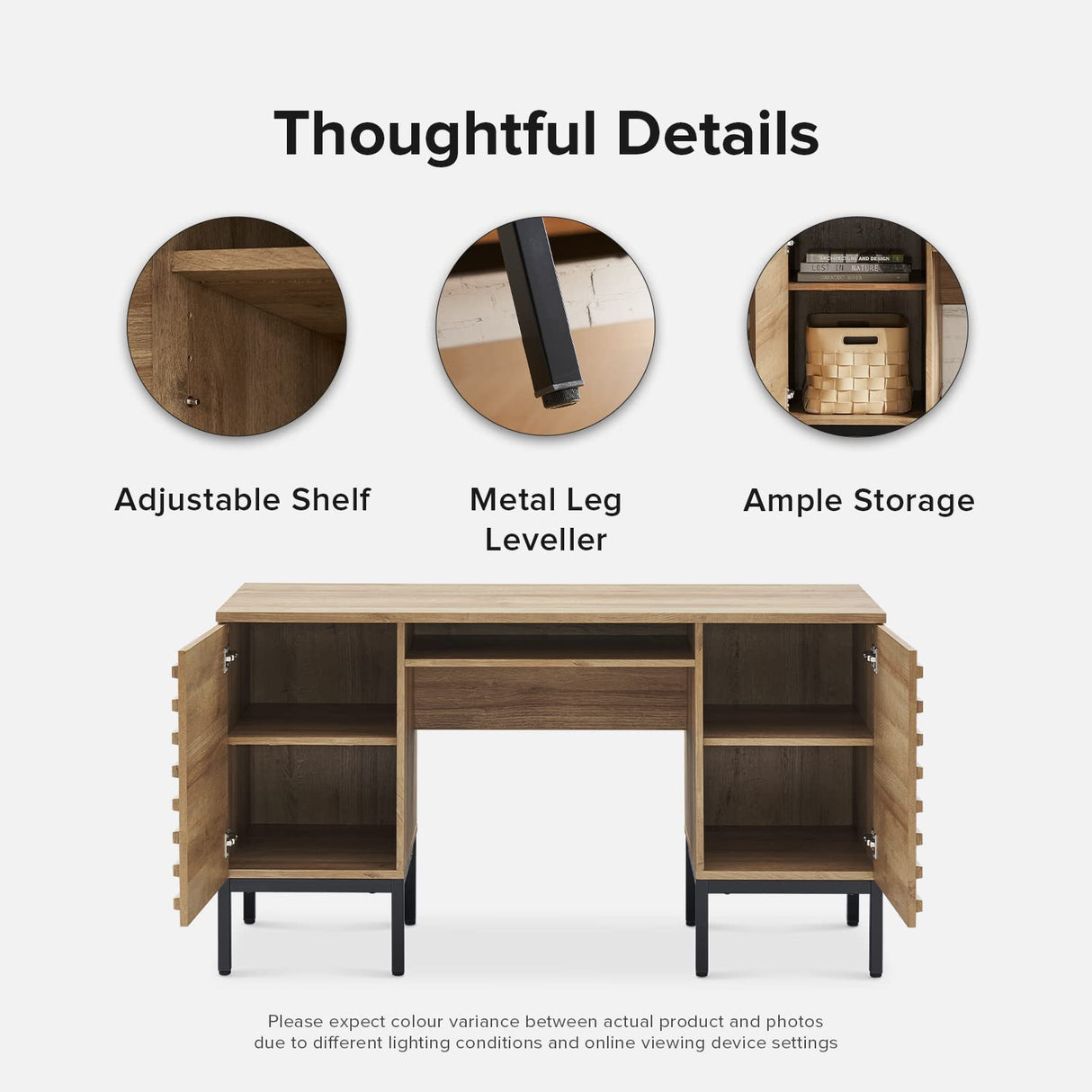 mopio Norwin Executive Desk, Modern Industrial Farmhouse Desks for Home Office, with Sturdy Metal Legs, Fluted Panel Dual Cabinet Soft Close Door, mopio