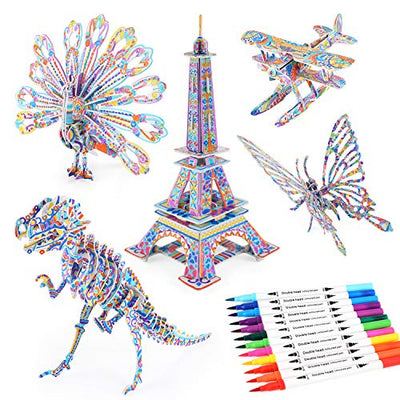 BEARUN 3D Coloring Puzzle Set, Arts and Crafts for Girls and Boys Age 6 7 8 9 10 11 12 Year Old, Fun Educational Painting Crafts Kit with Supplies