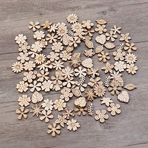 Flower Leaf Pattern Slice 100pcs Unfinished Wood Cutouts Flower Wood Shapes Pieces Wood Discs Slices for DIY Craft Table Scatter Confetti 20mm Wooden Healifty