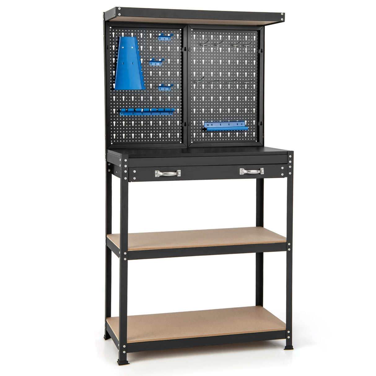 S AFSTAR Garage Workbench with Drawers, 32 x 16 Inches Tool Storage Workbench with Peg Board & 2 Lower Shelves, 14 Hanging Accessories, 220 LBS S AFSTAR