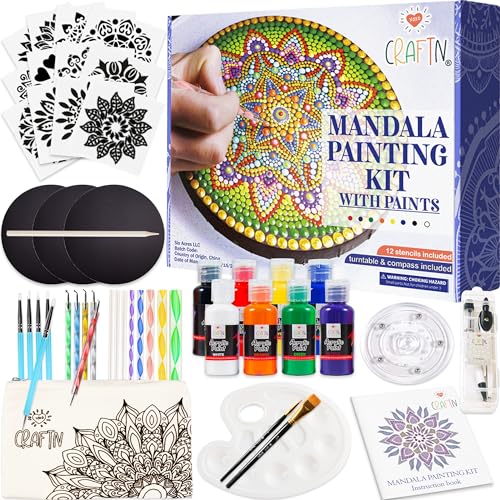Complete Beginner's Mandala Painting 48 Piece Kit with Acrylic Paints, Reusable Stencils and Dotting Tools. Fun Rock Art & DIY Craft Project. Starter XOXO CraftN