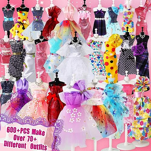 OCHIDO 600+Pcs Fashion Designer Kits for Girls 6 7 8 9 10 11 12 Years Old,DIY Arts & Crafts Girls Set with 4 Mannequins,Sewing Kit for Kids for OCHIDO