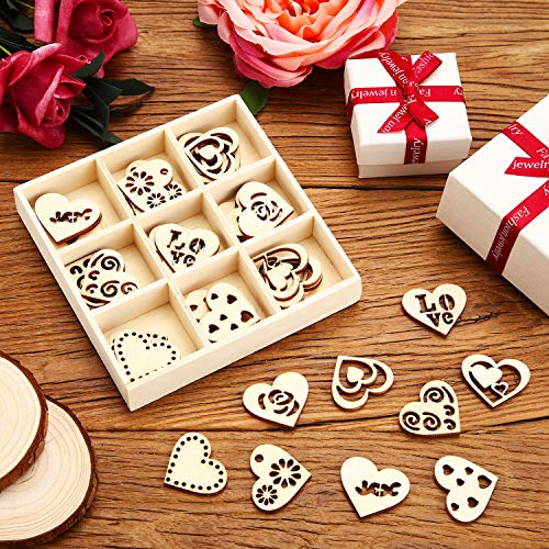 45 Pieces Wooden Ornaments Heart Wood Embellishments Crafts Set Hollow Design with Storage Tray, Mini Laser Cut Heart Shape for Valentine's Day and WILLBOND