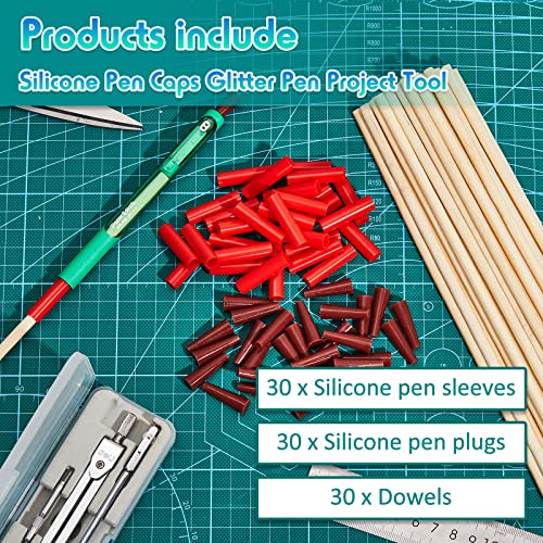 90 Pieces Epoxy Glitter Pen Turner Attachment Set, Including 30 Nonstick Sleeves 30 Silicone Plugs Silicone Pen Caps 30 Dowels Glitter Pen Project Outus