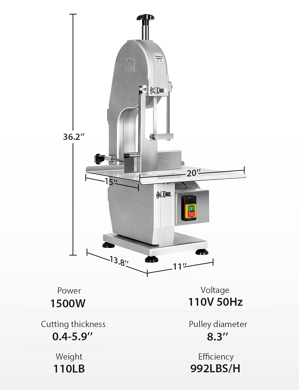 1500W Electric Bone Saw Machine, 0.8-5.9 Inch Cutting Thickness,2.6HP Frozen Meat Cutter 110V Commercial Bandsaw Machine, 20x15in Table Sawing for Rocita