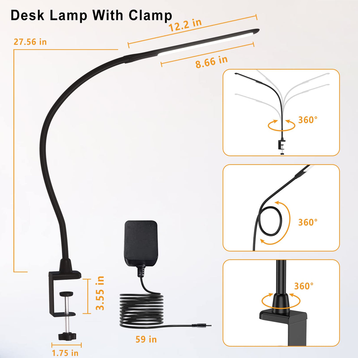 Desk Lamps for Home Office, 10W Clamp Lamp Dimmable Gooseneck Lamp Touch Control, Adjustable Desk Light for Workbench Tabletop (Black) Hokone