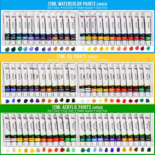 U.S. Art Supply 133-Piece Deluxe Ultimate Artist Painting Set with Aluminum and Wood Easels, 72 Paint Colors, 24 Acrylic, 24 Oil, 24 Watercolor, 8 US Art Supply