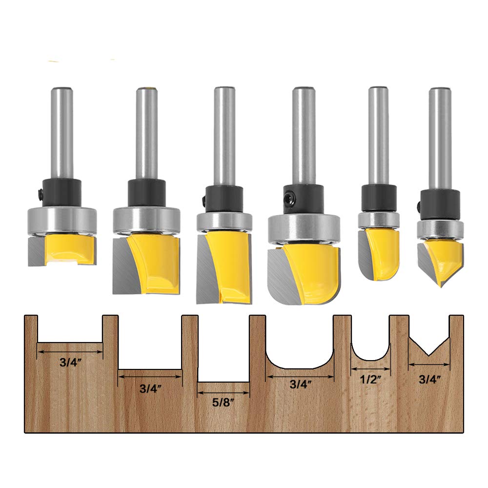 Yakamoz 6Pcs Assorted Edge 1/4 Inch Shank Treatment Grooving Router Bit Set with Bearings Hinge Mortising Flush Trim, Bowl and Tray & V Groove YAKAMOZ
