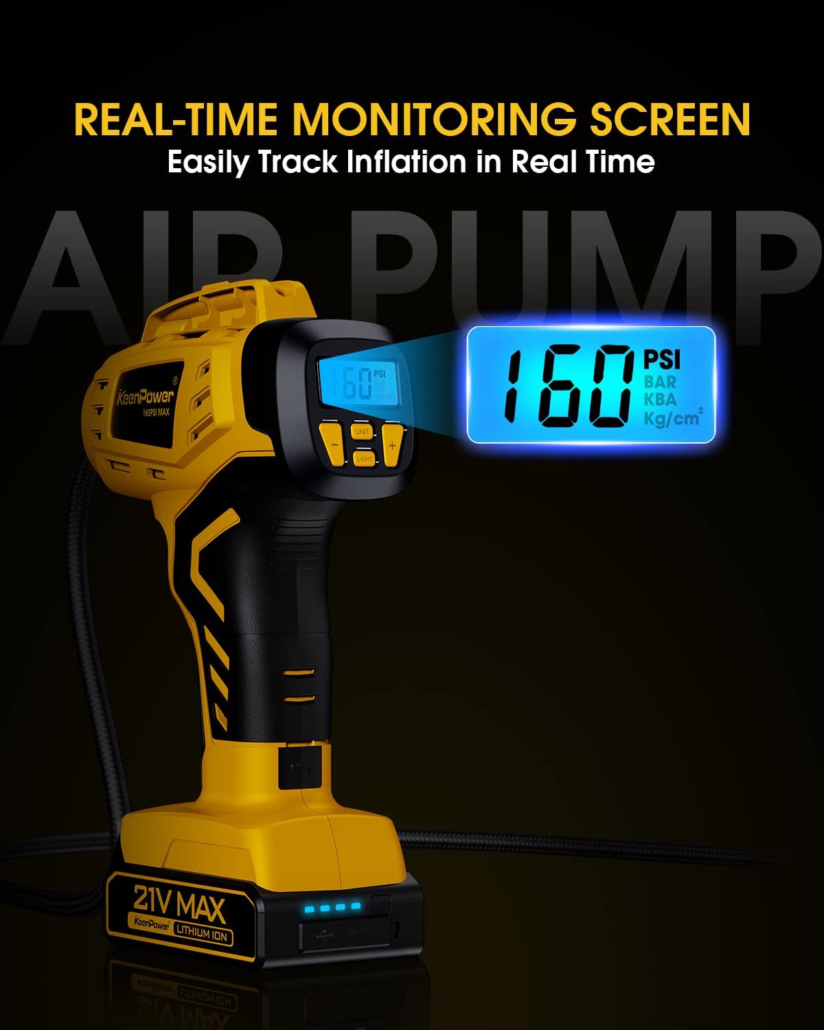 KeenPower Tire Inflator Portable Air Compressor - 2X Faster - 21V Rechargeable Battery Powered Handheld 160PSI Tire Inflator, Dual Power Supply KeenPower