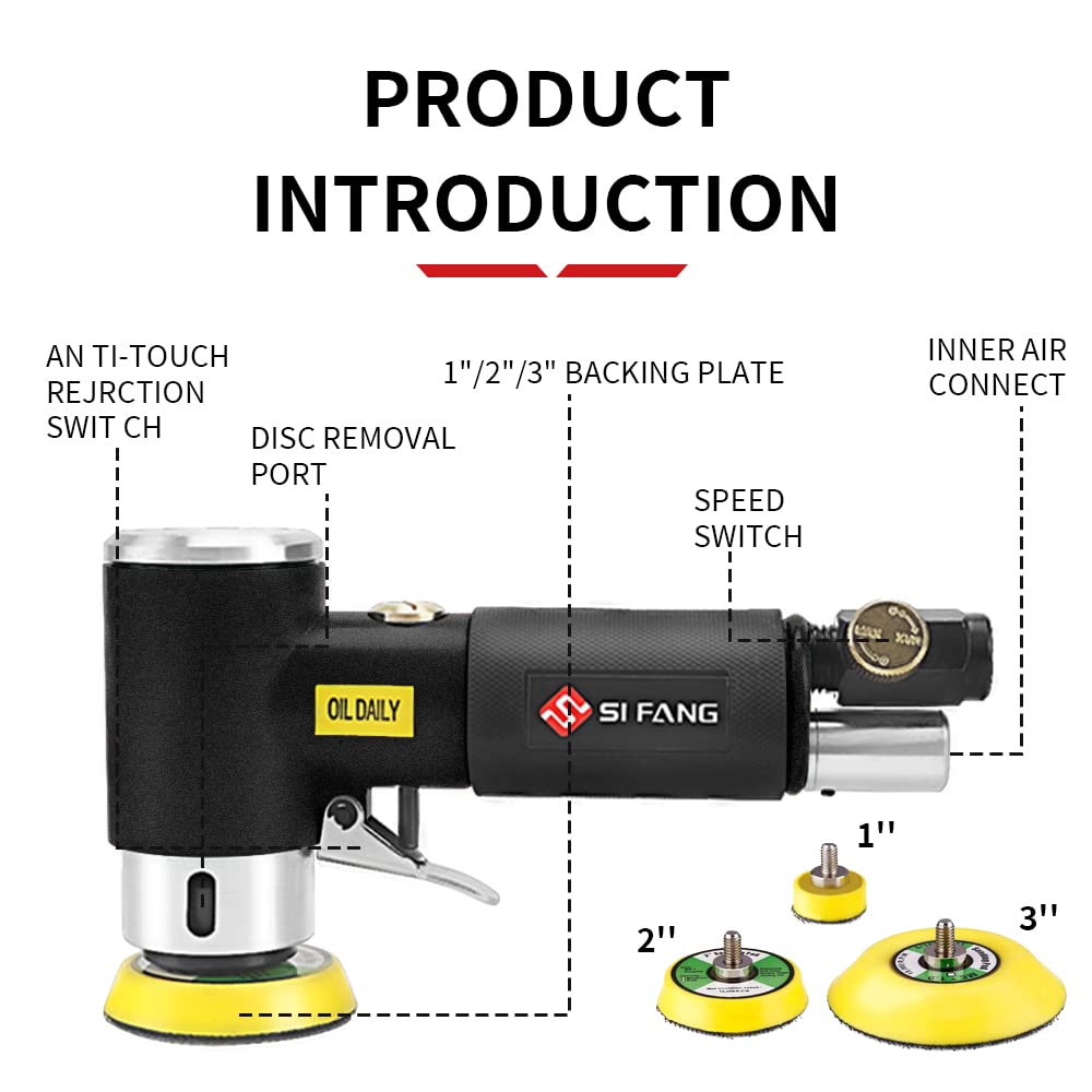 SI FANG 48Pcs 1'' 2'' 3'' Mini Random Orbital Air Sander Kit,High Speed Mini Pneumatic Sander Polisher for Auto Body Work, Includes 1/2/3in Polishing SI FANG