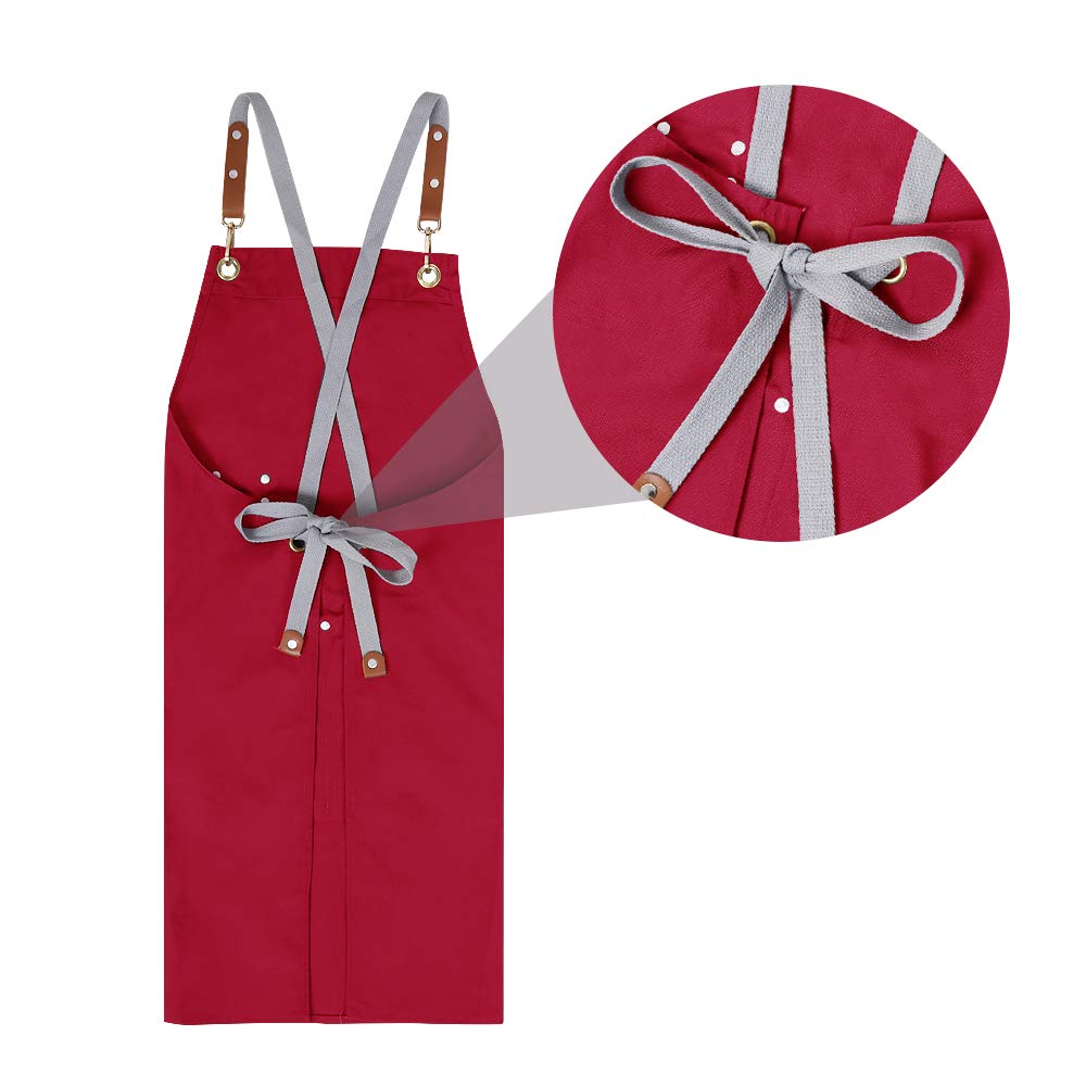 Chef Apron,Cross Back Apron for Men Women with Adjustable Straps and Large Pockets,Canvas,M-XXL (Red) Mignongirl
