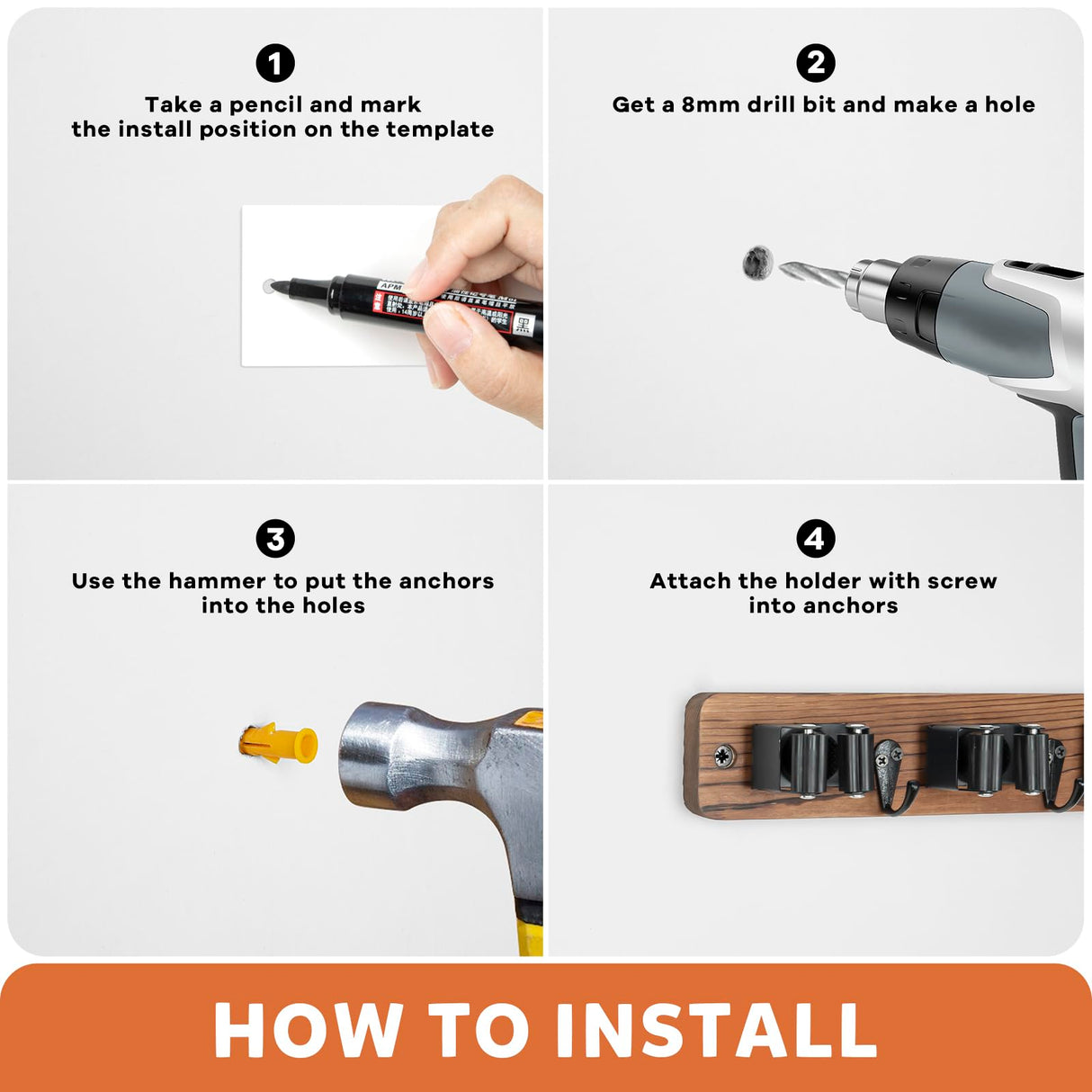 IMILLET Broom Holder Wall Mount, Wood Broom Holder with 5 Racks and 4 Hooks Broom Organizer, Laundry Room Organization and Storage, Mop Holder for IMILLET