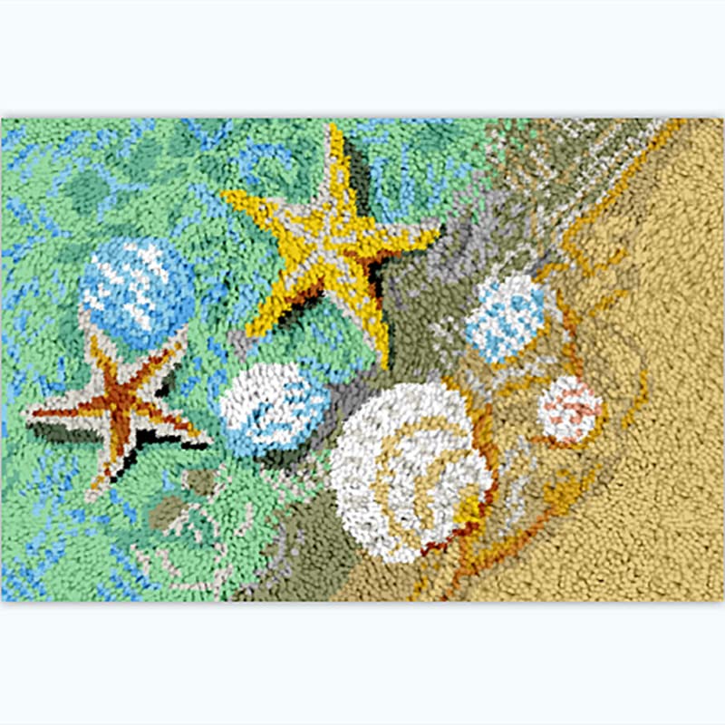 Seaside Beach Sea Shells Starfish Latch Hook Kits Rug Printed Canvas Handmade Carpet Crochet Yarn Embroidery Needlework Hook Latch Kit Tapestry Rug WoodArtSupply