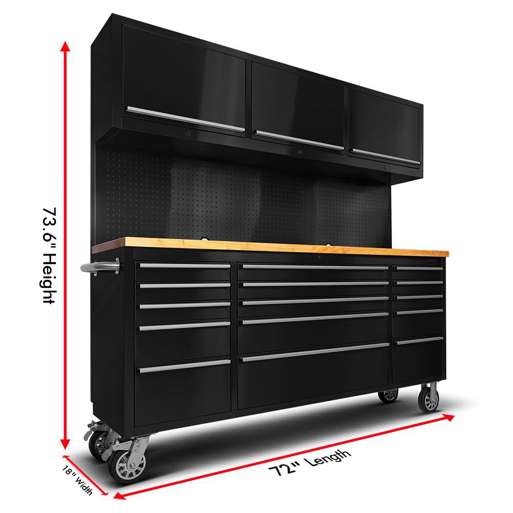CT Copper Tailor 72-inch Tool Chest Cabinet Mobile Garage Workbench with 15 Storage Drawers and Wheels, 3 Upper Cabinet, Pegboard, Stainless Steel, CT Copper Tailor