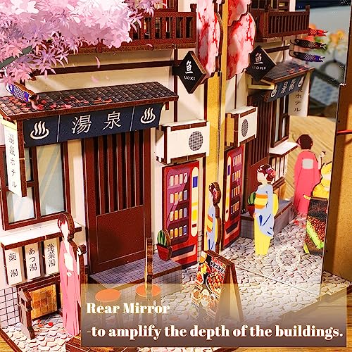Hallisun DIY Book Nook Kit 3D Wooden Puzzle for Adults, Bookshelf Insert Decor Sakura Town with LED Light Music Box, Bookend Building Set Miniature Hallisun