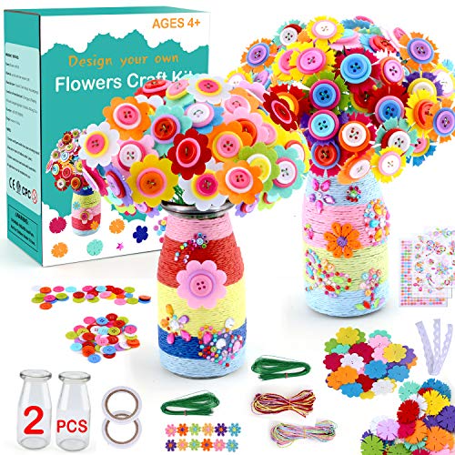 Crafts for Girls Ages 4-12 Gift Make Your Own Flower Bouquet with Buttons Felt Flowers, Christmas gift Vase Art and Craft for Children - DIY Activity HULASO