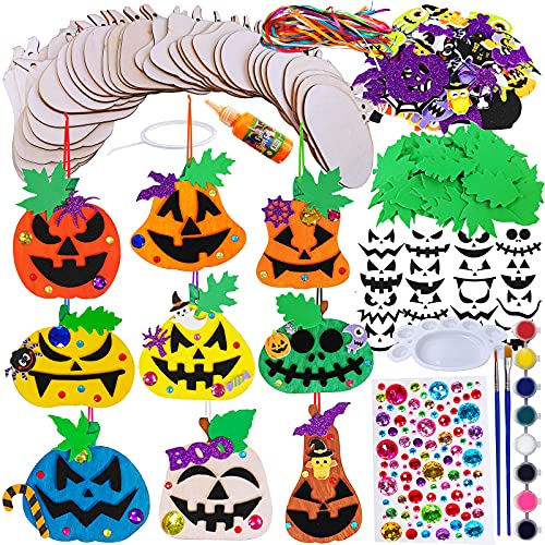 Winlyn 63 Sets Halloween Craft Kits Fall Crafts DIY Wooden Pumpkin Ornaments Decorations Art Sets Unfinished Wood Pumpkins Halloween Stickers for Winlyn