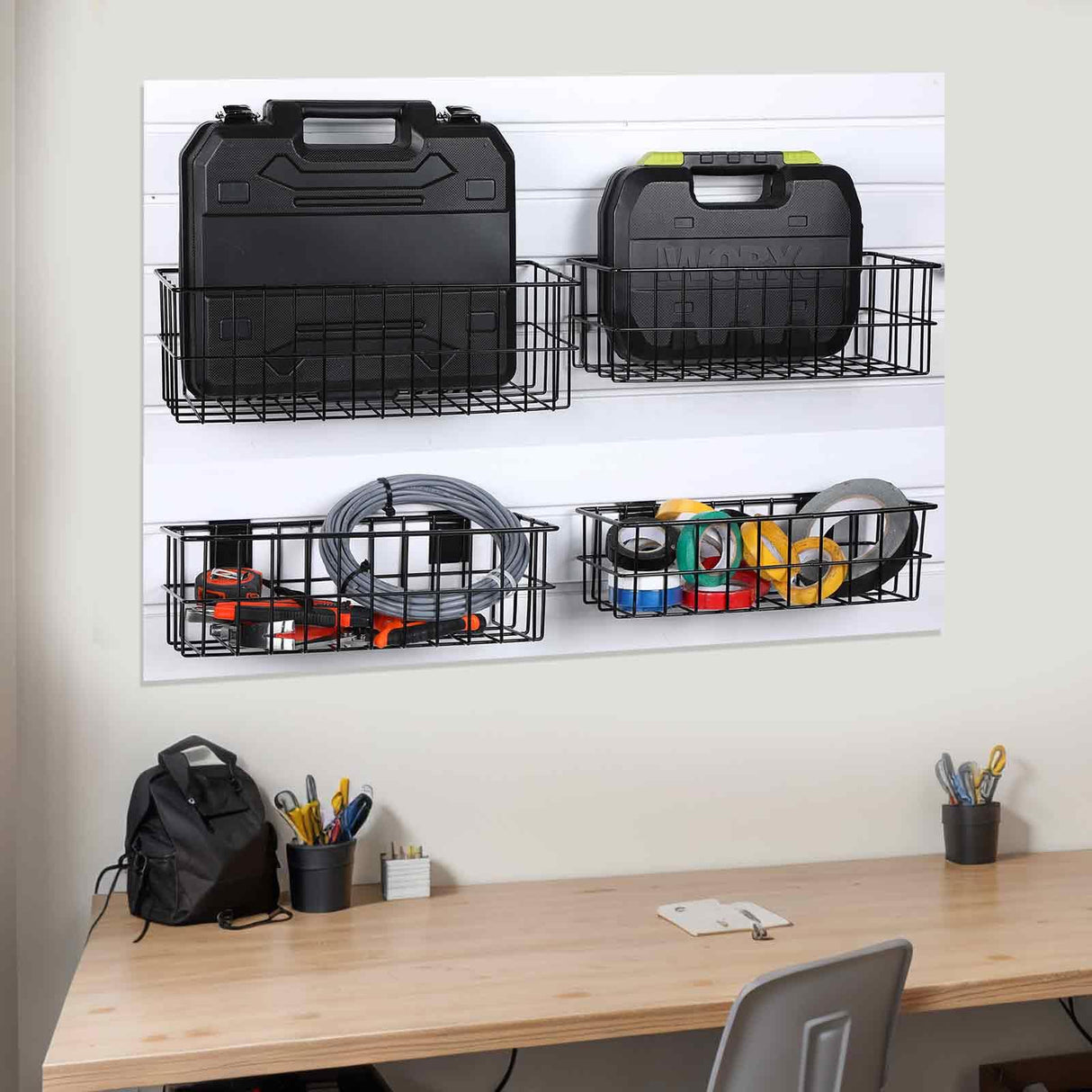 Hicarer 4 Pcs Slatwall Baskets, Large Size Metal Mounted Ventilated Slatwall Baskets Slatwall Panel Hanging Wire Basket Slatwall Accessories for Hicarer