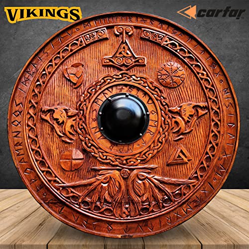 Carfar Medieval Vikings Era Full Adult Size 30inch Warrior Shield Handmade Natural Wood Carved Battle Play Halloween Cosplay (Leif Erikson) Carfar