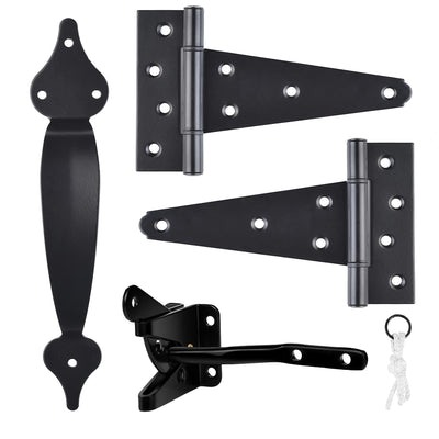 Gate Hardware Kit Heavy Duty,with Self Locking Gate Latch,6 inch T Strap Gate Hinges and 10 inch Gate Door Handle Pull,Shed Door Hardware Set for