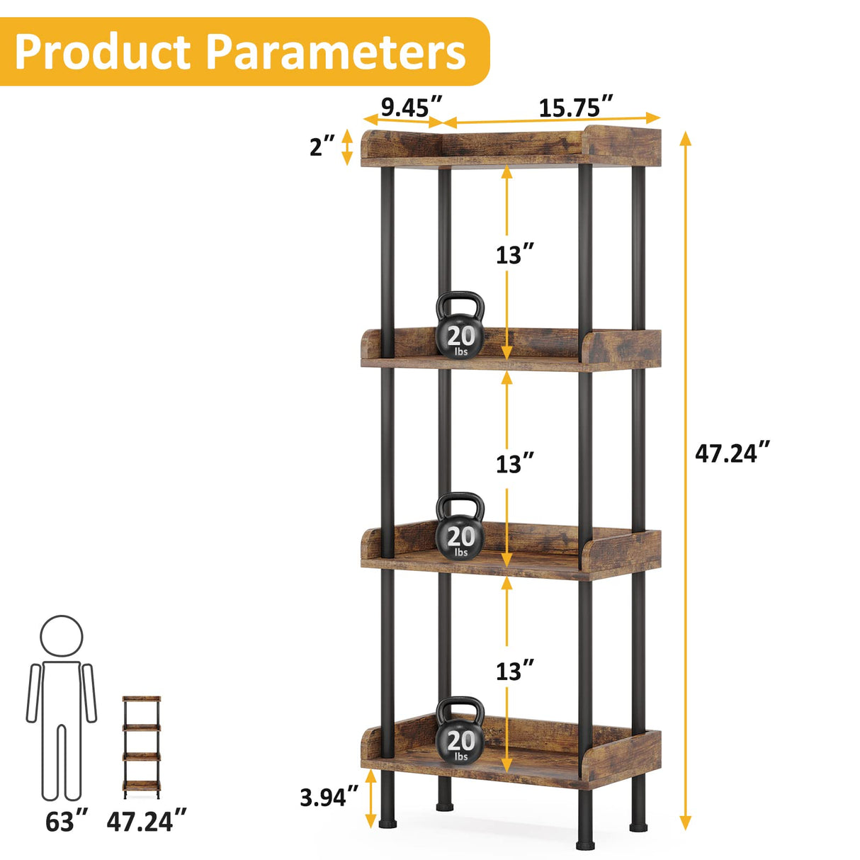 Vintage 4-Tier Hosfais Small Bookcase for Space-Saving Storage in Rustic Brown Hosfais