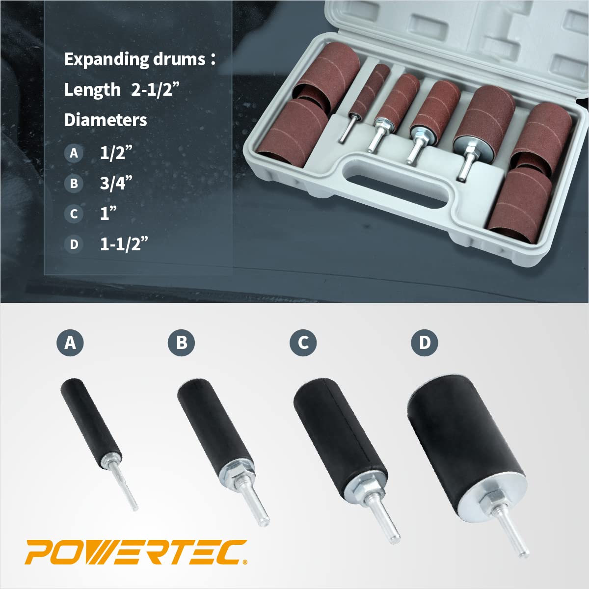POWERTEC 71634 20-Piece Drill Press Sanding Drum Kit w/ ¼ and 1/8 inch Shanks, Spindle Sander Sleeves, Tool Carrying Case POWERTEC