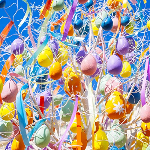 Max Fun 50 Pcs White Blank Easter Eggs Ornaments Bulk Decoration for Craft Hanging Plastic Artificial Eggs with Rope DIY Painting Decorating Basket Max Fun