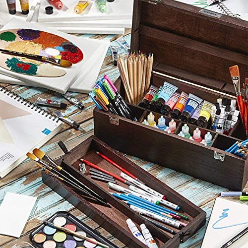 KINGART 724 Wood Portable Storage Box Organizer with Drawer And Espresso Stain, Holds Markers, Paint, Brushes, Pencils, And More KINGART
