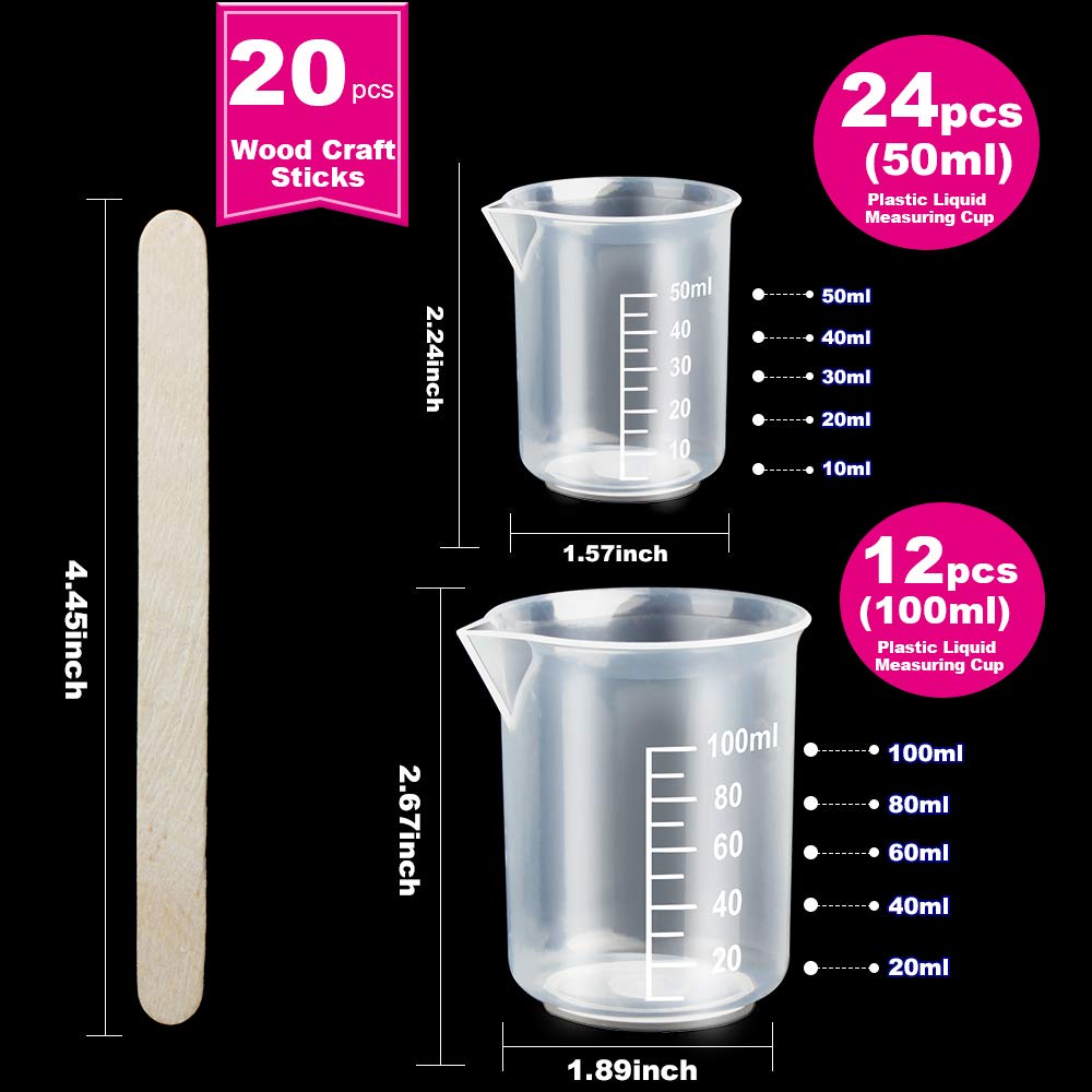 LEOBRO 36 PCS Resin Mixing Cups, 12PCS 100ML Plastic Measuring Cups for Resin, 24PCS 50ML Paint Epoxy Resin Mixing Cups, with Craft Sticks, Beaker, LEOBRO