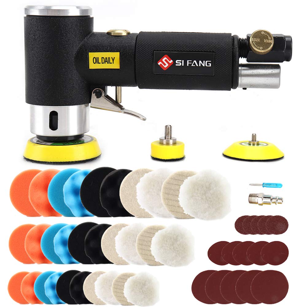 SI FANG 48Pcs 1'' 2'' 3'' Mini Random Orbital Air Sander Kit,High Speed Mini Pneumatic Sander Polisher for Auto Body Work, Includes 1/2/3in Polishing SI FANG