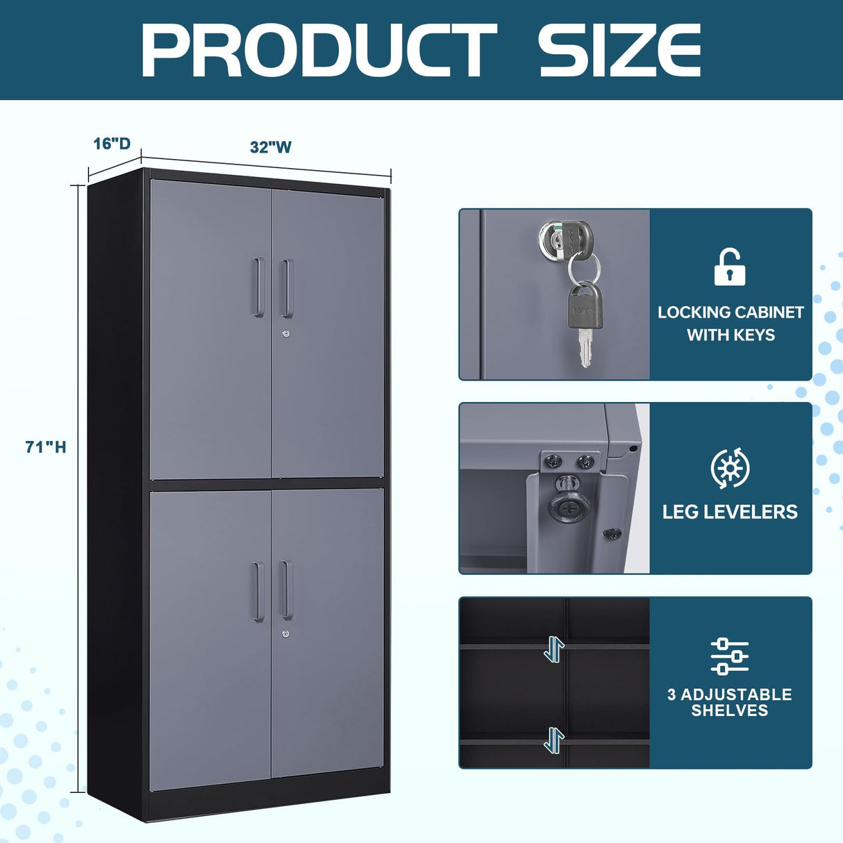 MIIIKO Metal Garage Storage Cabinet with 4 Doors, Locking Steel Locker Cabinet with Doors and Shelves, for Home, Garage, Pantry, Office and Workshop MIIIKO