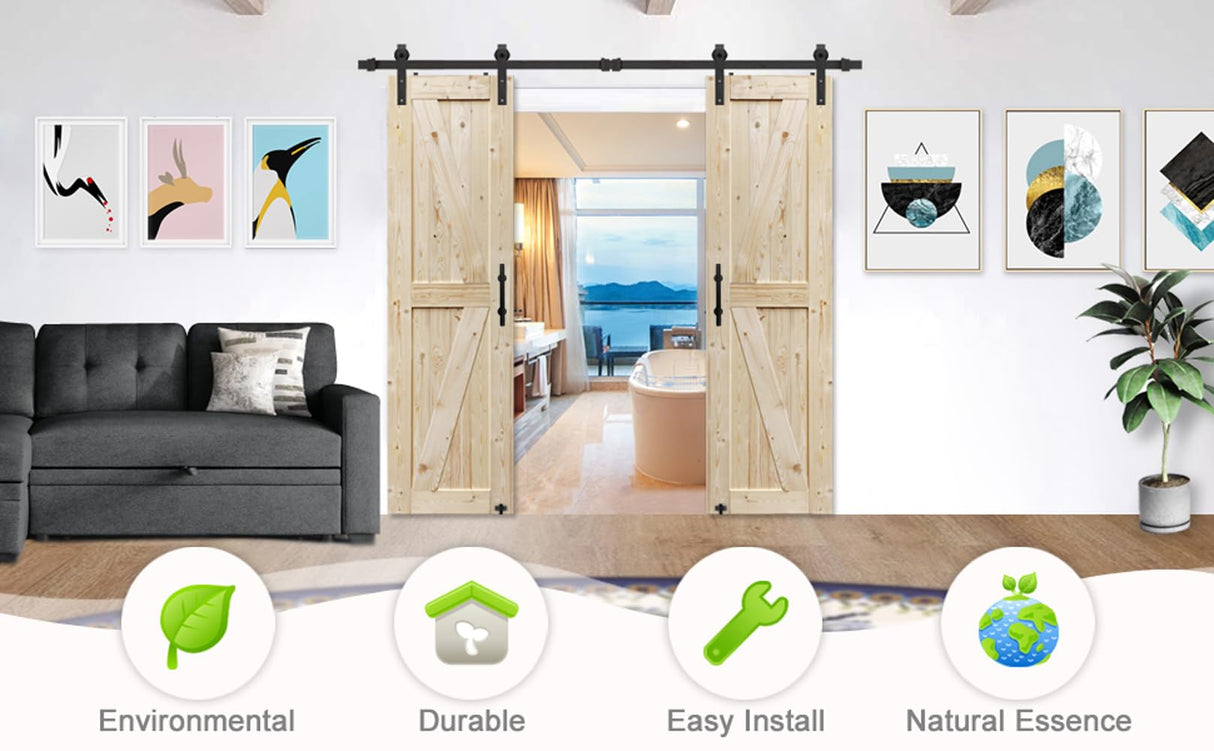 S&Z TOPHAND 24 in. x 84 in. Double Unfinished British Brace Knotty Barn Door with 8FT Sliding Door Hardware Kit/Solid Wood/Sliding Door/Double S&Z TOPHAND