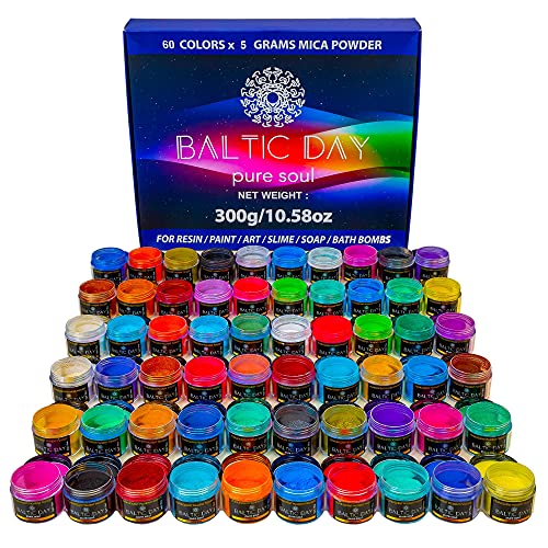 BALTIC DAY - Mica Powder, 60 x 5g Jars of Mica Powder for Epoxy Resin Set - Epoxy Resin Color Pigment Powder - Pigments for Soap Making, Candle, BALTIC DAY