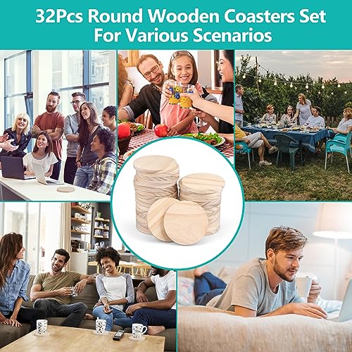 32Pcs Unfinished Wood Coasters, 4" Round Wooden Coasters with Non-Slip Dot Sticker for Drinks, 9mm Thick Blank Wood Coasters Bulk for DIY Crafts Adrattnay
