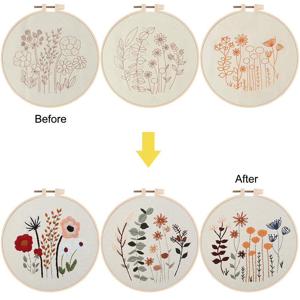 Uphome 3 Pack Embroidery Starter Kit for Beginners Stamped Cross Stitch Kits with Cute Flowers and Plants Patterns with 1 Embroidery Hoop and Color Uphome