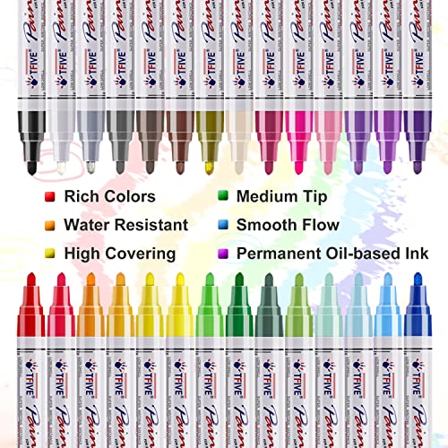 28 Color Paint Markers Pens Set, Oil-Based Permanent Paint Marker, Medium Tip, Quick Dry and Waterproof Paint Pen for Rock Painting, Ceramic, Wood, TFIVE