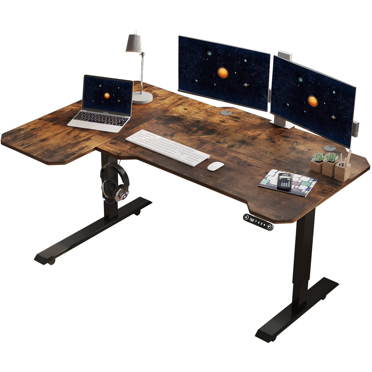 HEONAM 59'' L Shaped Electric Height Adjustable Standing Desk, Sit to Stand Home Office Computer Desk with Black Frame & Rustic Brown Top HEONAM