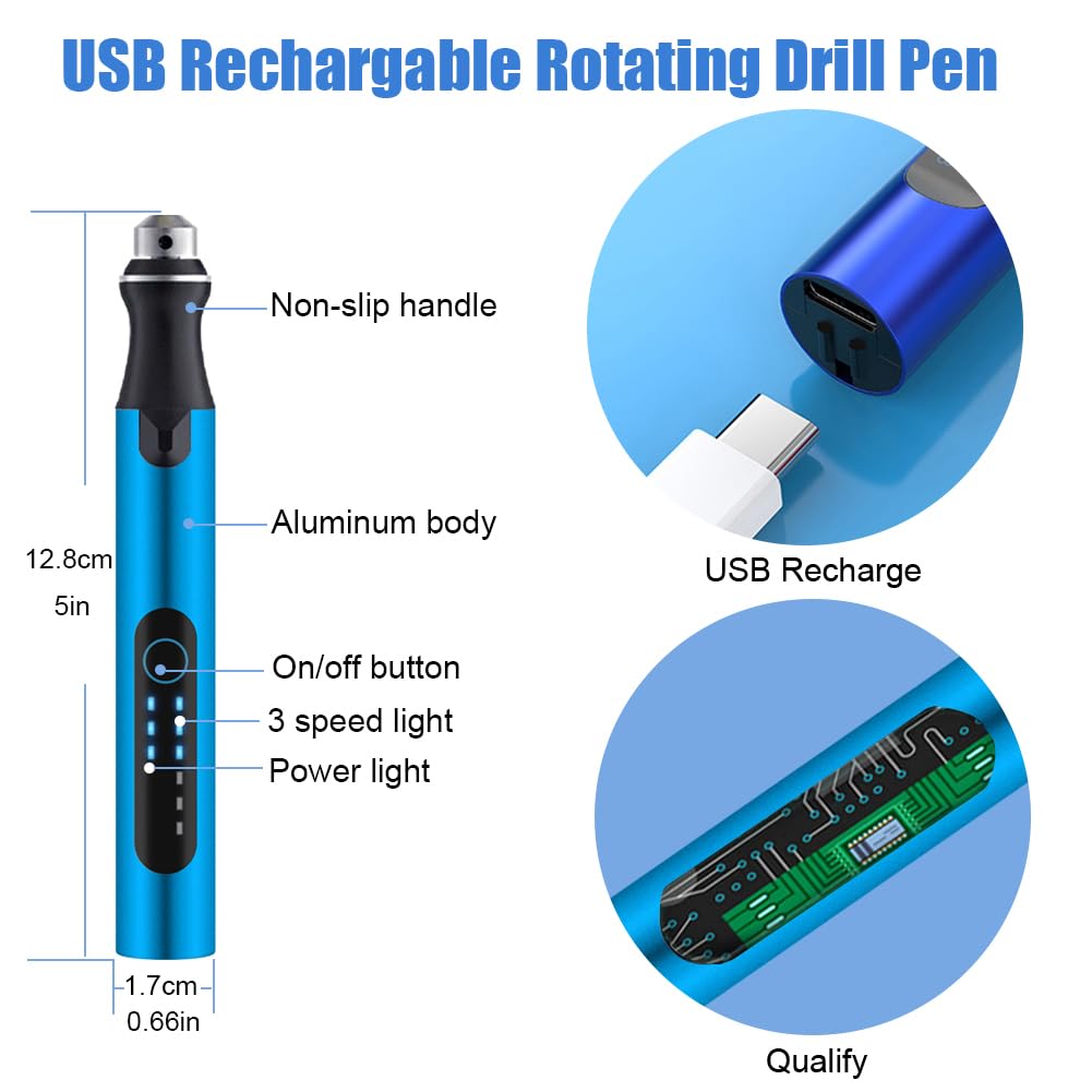 3-Speed Cordless Mini Drill Pen With 8 Small Drill Bits,Rechargeable Electric Hand Drill Pin Vise,Micro Drill Set For Jewelry VQVYBXN