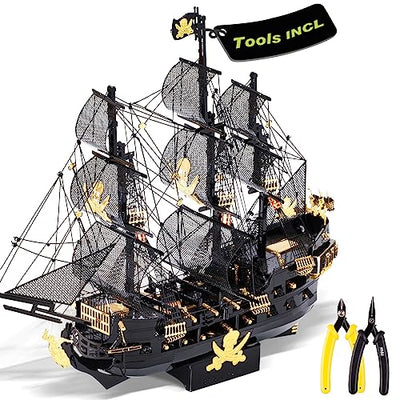 Piececool 3D Metal Puzzles for Adults, Black Pearl Pirate Ship Model Kits with DIY Tools, Watercraft Metal Model Building Kit for Birthday