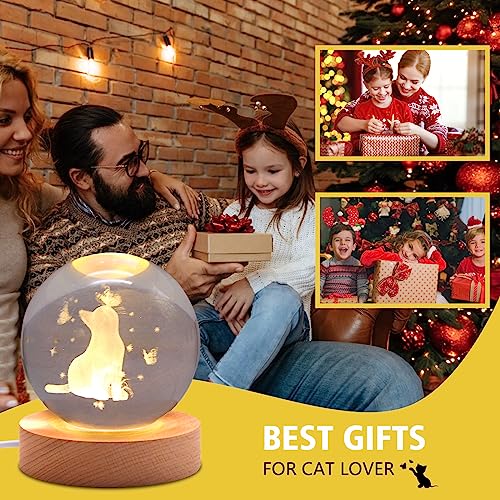 3.15in 3D Cat Figurine Crystal Ball Lamp, Cat Light Lamp with Wooden Base, Cat Gifts for Cat Lovers, Cat Stuff for Cat Lovers, Birthday Christmas Shellvcase