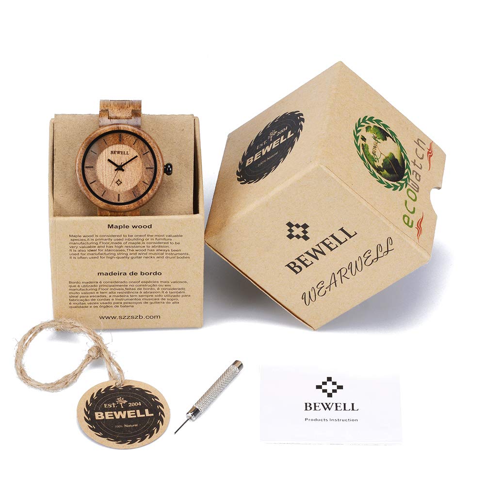 BEWELL Wood Watches for Women, Handmade Wooden Watch with Lightweight Adjustable Wood Band, Natural Casual Fashion Quartz Wristwatch BEWELL