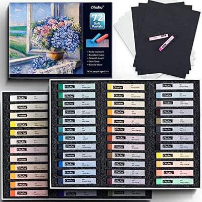 Ohuhu 72 Long Chalk Pastels Set: 72 Soft Pastels For Artists Including 4 Fluorescent Colors With 6 Pastel Papers for Drawing Blending Layering