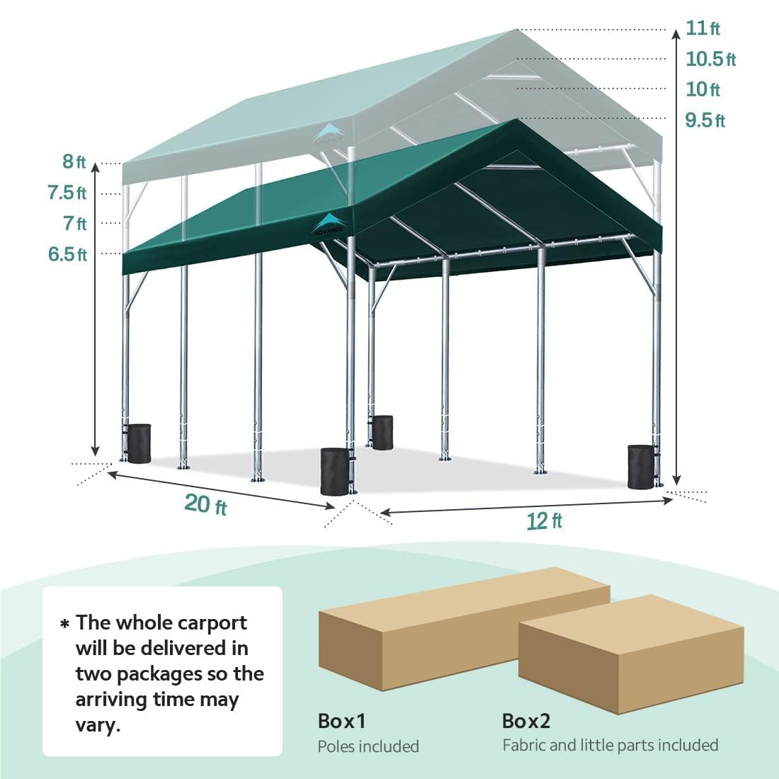 ADVANCE OUTDOOR 12x20 ft Heavy Duty Carport Car Canopy Garage Boat Shelter Party Tent, Adjustable Peak Height from 9.5ft to 11ft, Green ADVANCE OUTDOOR