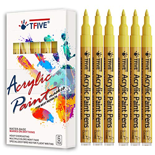 Yellow Marker Paint Pens - 6 Pack Acrylic Yellow Permanent Marker, 0.7mm Extra Fine Tip Paint Pen for Art Projects, Drawing, Rock Painting, Ceramic, TFIVE
