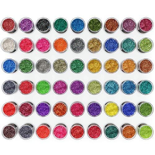 Arteza Fine Glitter, Set of 54 Colors, Shaker Jars (0.34oz/9.6 g) Glow Under UV Black Light, Extra Fine, Art Supplies for DIY Crafts ARTEZA