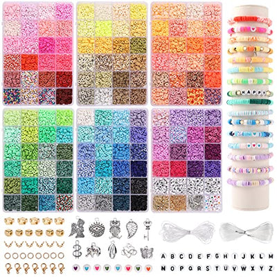 QUEFE 14000pcs, 136 Colors Clay Beads for Bracelet Making Kit Flat Round Polymer Clay Beads Spacer Heishi Beads for Jewelry Making with Pendant