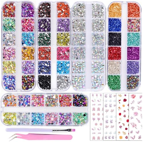 editTime 5000 Pieces (5 Boxes) Shiny Colorful Nail Art Rhinestones Nail Stone Gems Design Kit and 4 sheets flower nail art stickers with a Curved editTime