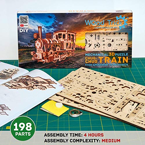 Wood Trick Train 3D Wooden Puzzle for Adults and Kids to Build - 6x4″ - Locomotive Model Kit for Adults and Kids Wood Trick