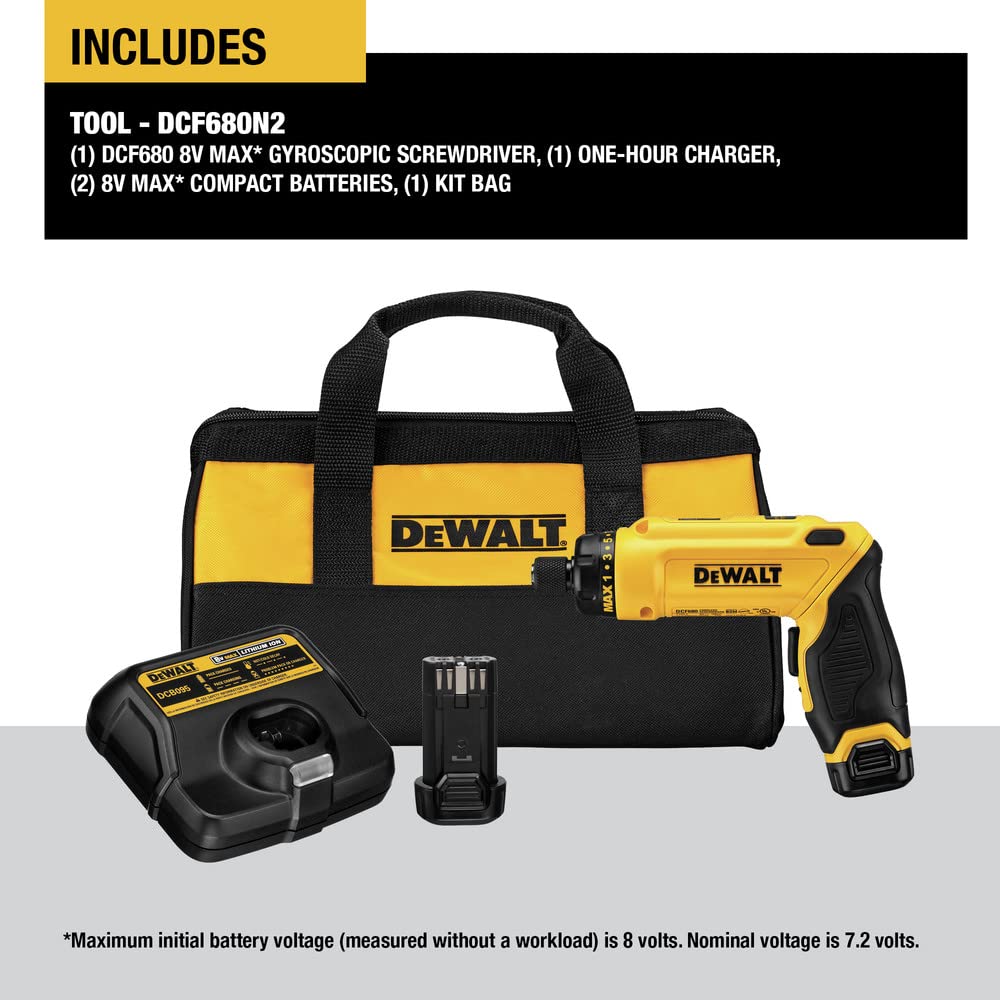 DEWALT 8V MAX Cordless Screwdriver Kit, Gyroscopic, 2 Batteries, Electric (DCF680N2) DEWALT